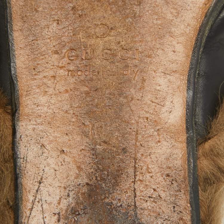 Pre Owned Gucci Princetown Black Leather and Fur Mules Size 44.5