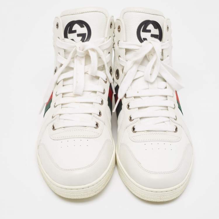 Pre Owned Gucci White Leather Web Detail High Top Sneakers Size 41.5