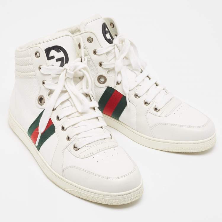 Pre Owned Gucci White Leather Web Detail High Top Sneakers Size 41.5