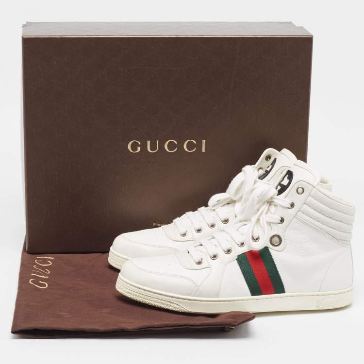 Pre Owned Gucci White Leather Web Detail High Top Sneakers Size 41.5