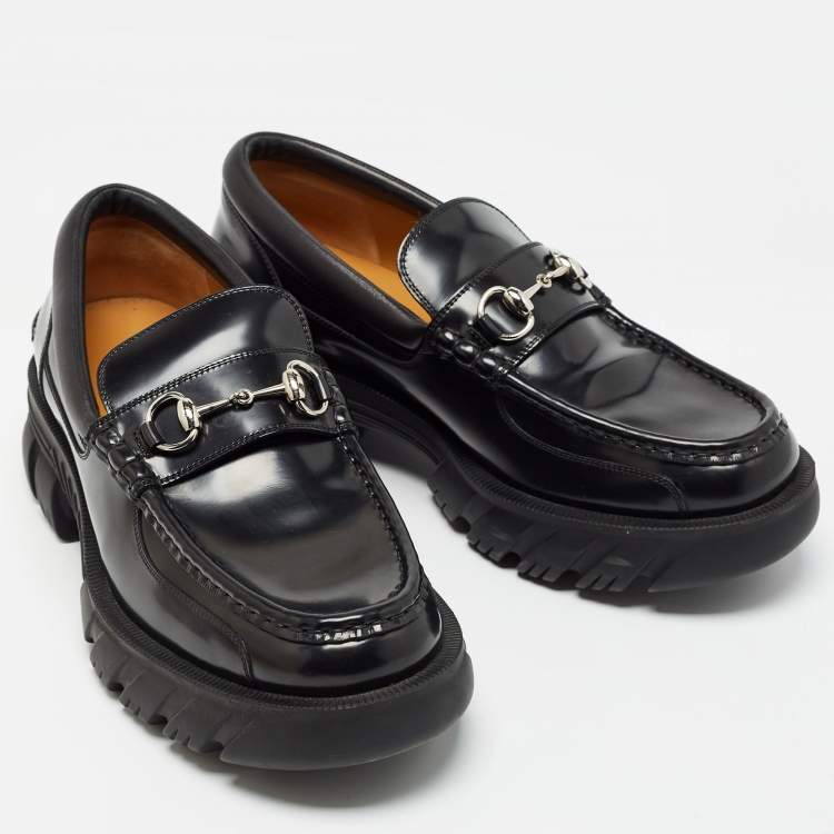 Pre Owned Gucci Black Leather Horsebit Slip On Loafers Size 44.5