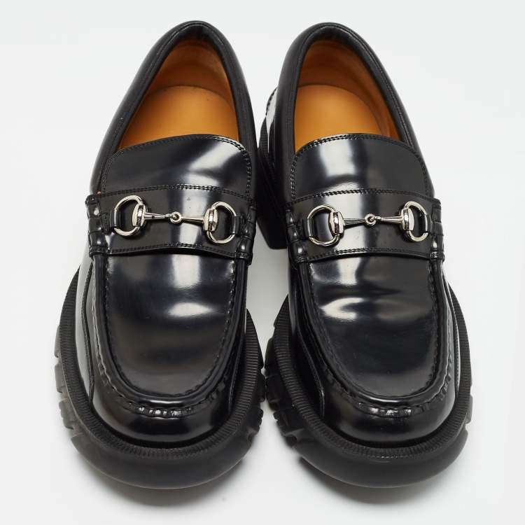 Pre Owned Gucci Black Leather Horsebit Slip On Loafers Size 44.5