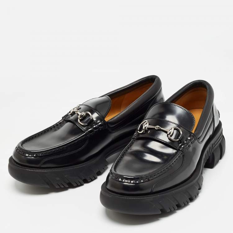 Pre Owned Gucci Black Leather Horsebit Slip On Loafers Size 44.5