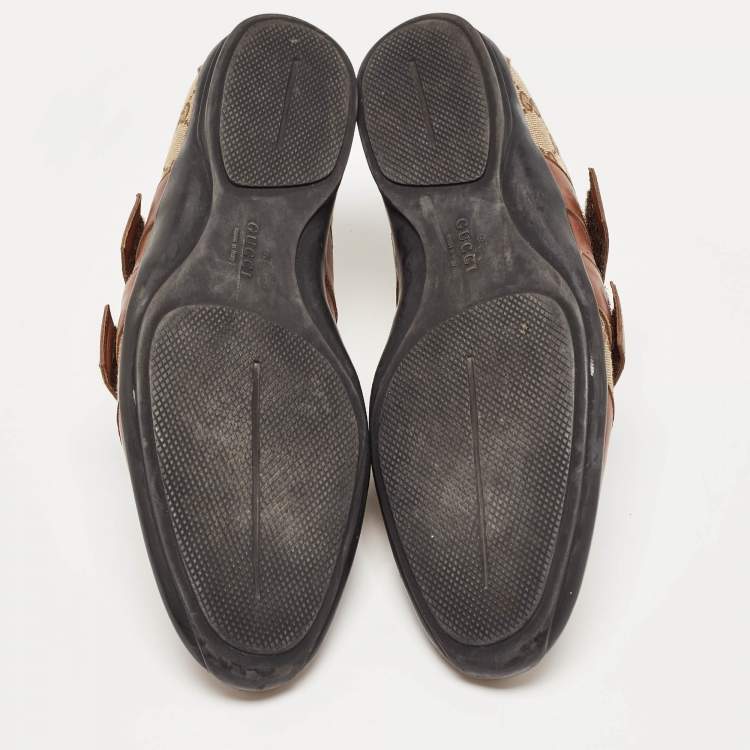 Pre Owned Gucci Brown/Beige Leather and GG Canvas Velcro Sneakers Size 43