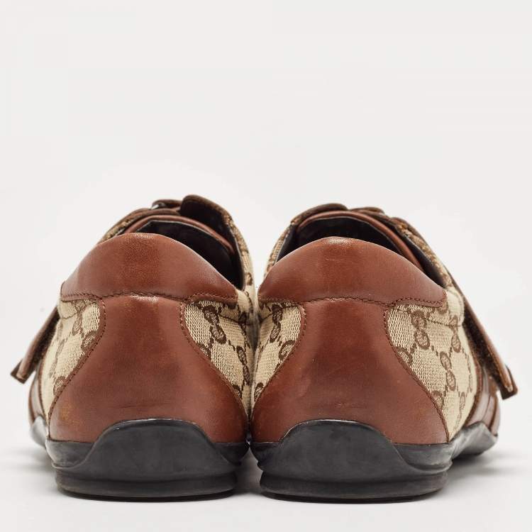 Pre Owned Gucci Brown/Beige Leather and GG Canvas Velcro Sneakers Size 43