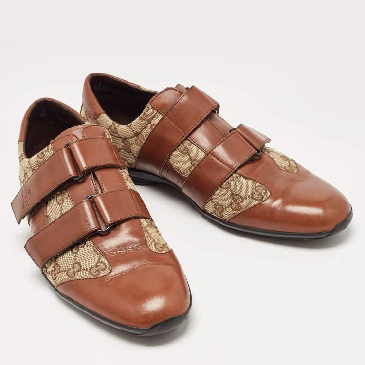 Pre Owned Gucci Brown/Beige Leather and GG Canvas Velcro Sneakers Size 43