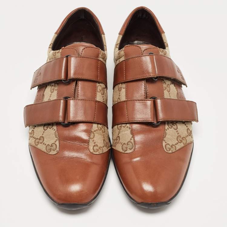 Pre Owned Gucci Brown/Beige Leather and GG Canvas Velcro Sneakers Size 43