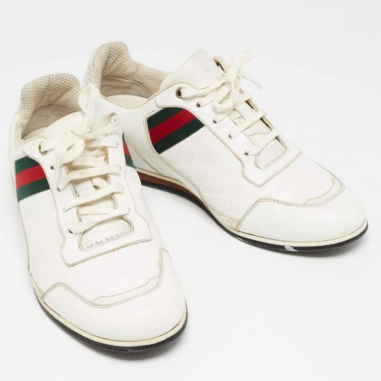 Pre Owned Gucci White  Leather Web Detail Low Top Sneakers Size 41