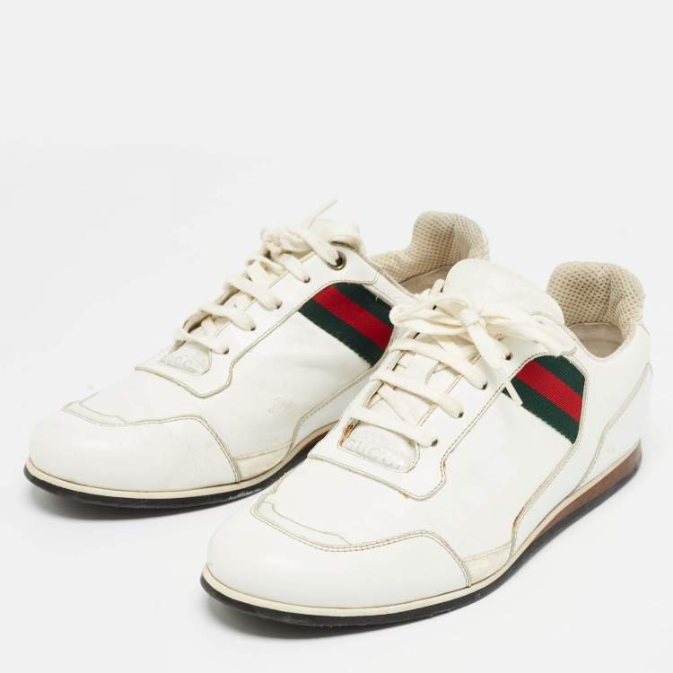 Pre Owned Gucci White  Leather Web Detail Low Top Sneakers Size 41