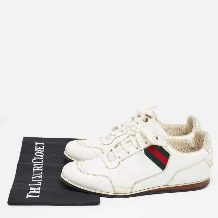 Pre Owned Gucci White  Leather Web Detail Low Top Sneakers Size 41
