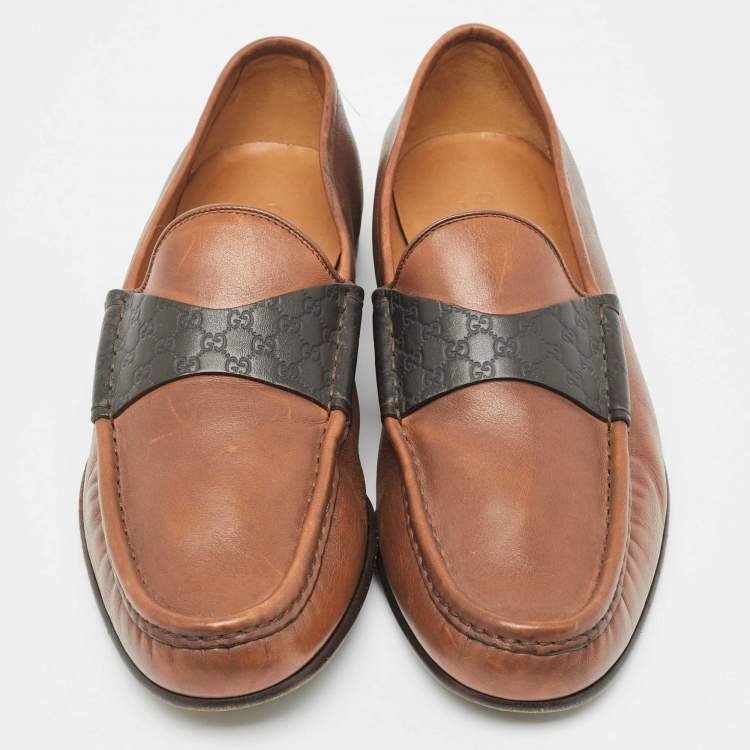 Pre Owned Gucci Brown Leather Slip On Loafers Size 42