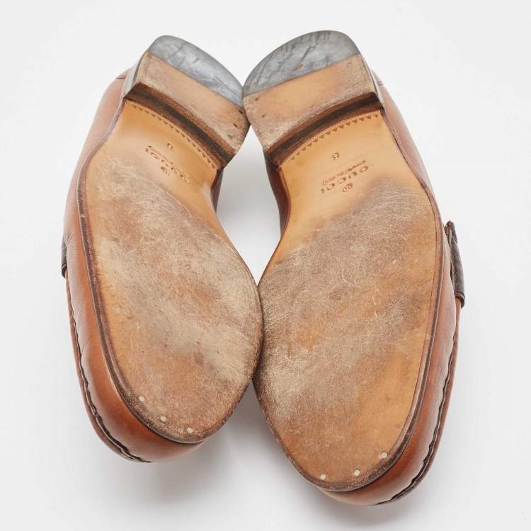 Pre Owned Gucci Brown Leather Slip On Loafers Size 42