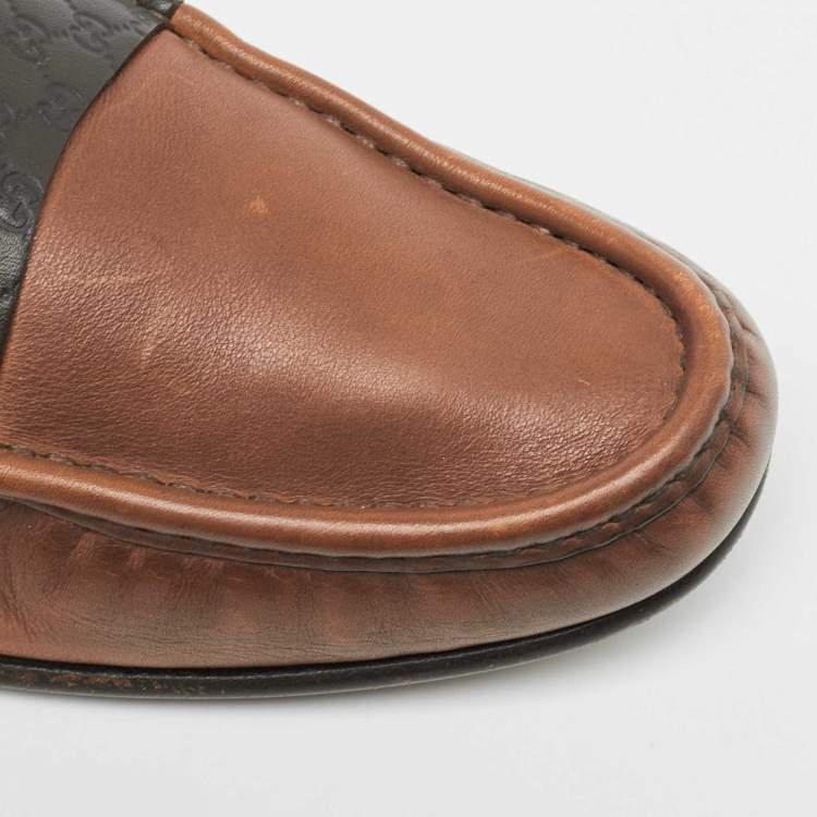 Pre Owned Gucci Brown Leather Slip On Loafers Size 42