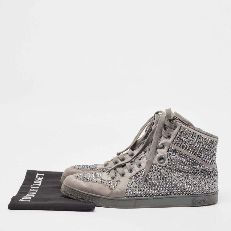 Pre Owned Gucci Grey Satin Crystal Embellished Coda High Top Sneakers Size 42
