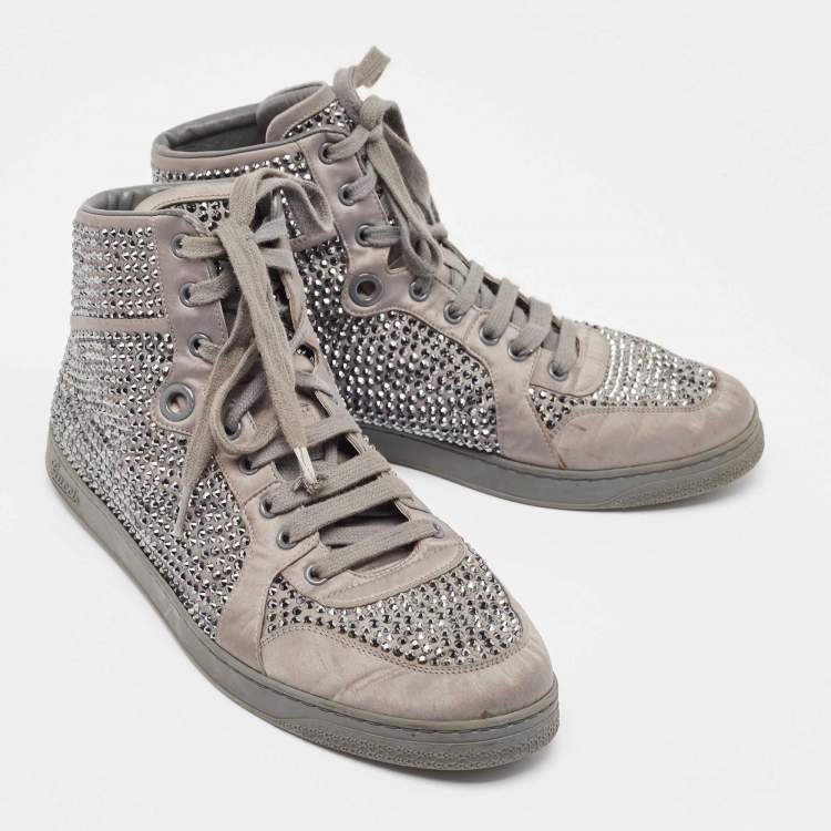 Pre Owned Gucci Grey Satin Crystal Embellished Coda High Top Sneakers Size 42
