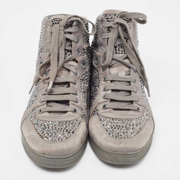 Pre Owned Gucci Grey Satin Crystal Embellished Coda High Top Sneakers Size 42