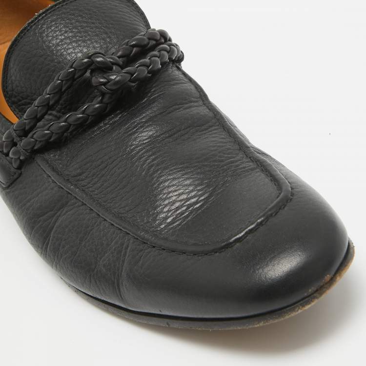 Pre Owned Gucci Black Leather Braided Detail Slip On Loafers Size 42 