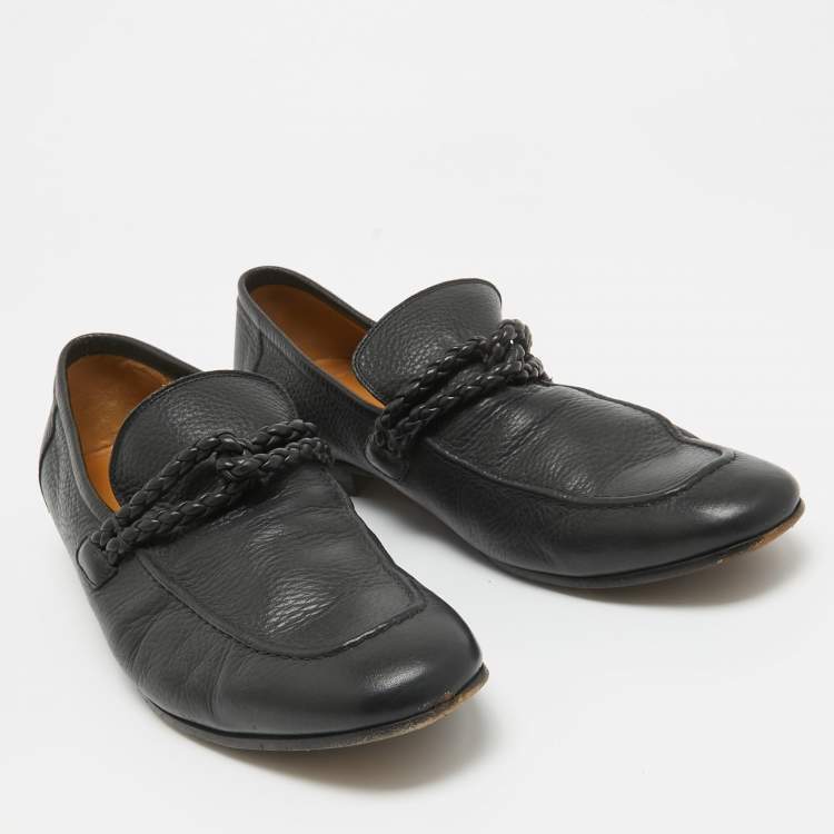 Pre Owned Gucci Black Leather Braided Detail Slip On Loafers Size 42 