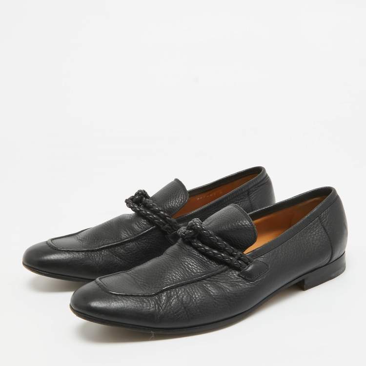 Pre Owned Gucci Black Leather Braided Detail Slip On Loafers Size 42 