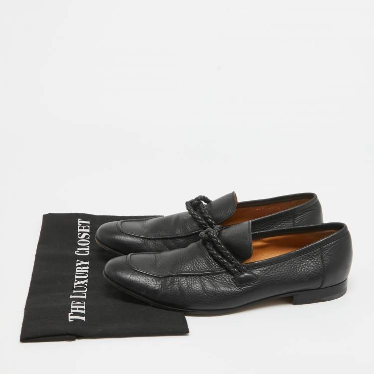 Pre Owned Gucci Black Leather Braided Detail Slip On Loafers Size 42 