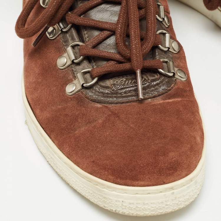 Pre Owned Gucci Brown Suede and Fur Trim High Top Sneakers Size 43