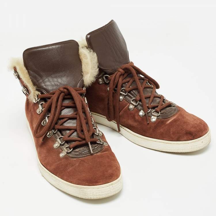 Pre Owned Gucci Brown Suede and Fur Trim High Top Sneakers Size 43
