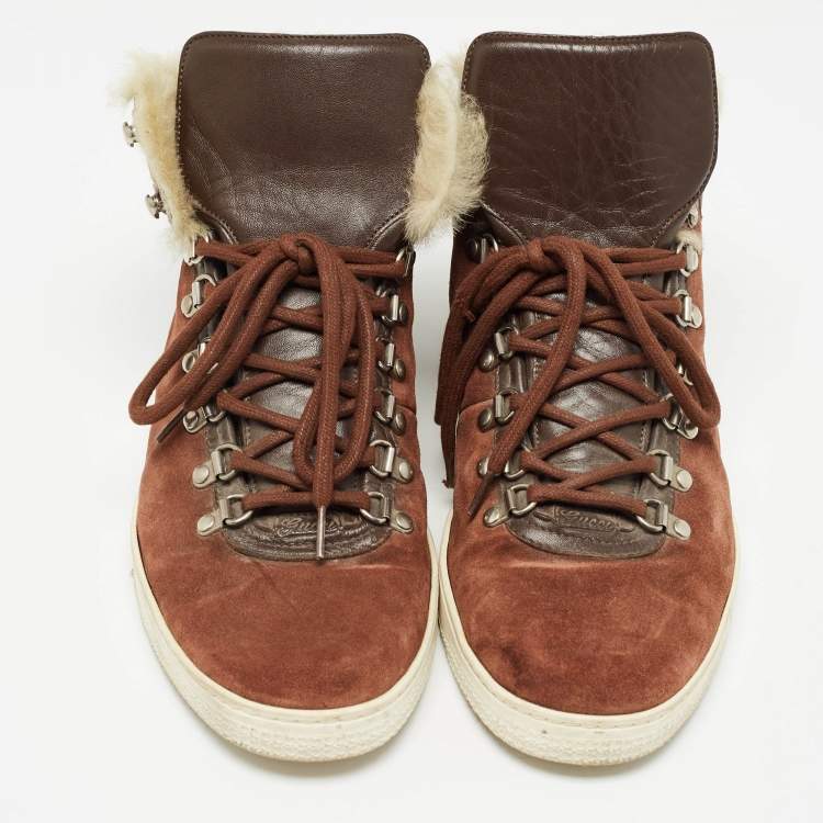 Pre Owned Gucci Brown Suede and Fur Trim High Top Sneakers Size 43