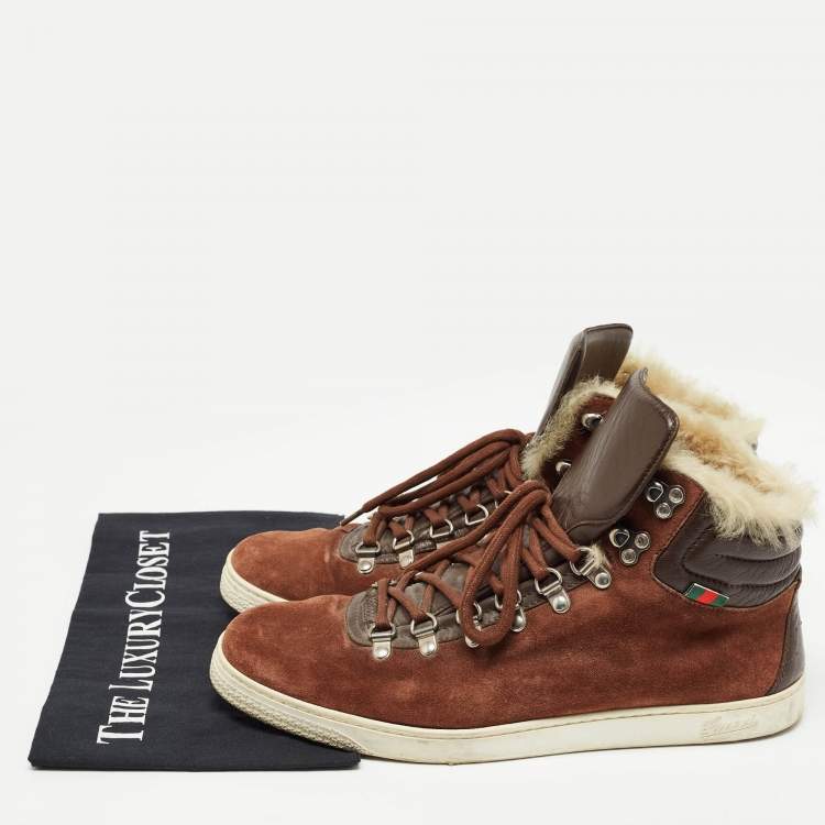 Pre Owned Gucci Brown Suede and Fur Trim High Top Sneakers Size 43