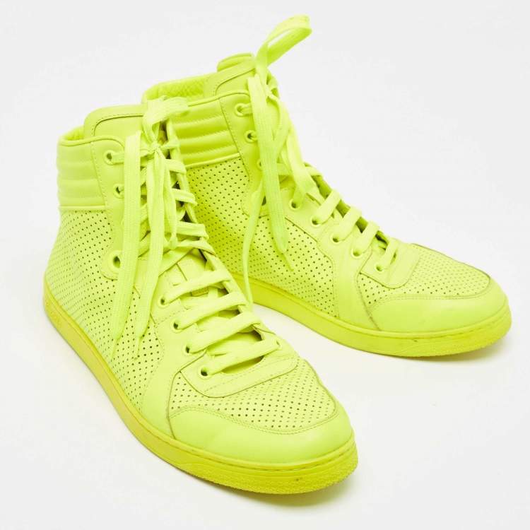Pre Owned Gucci Neon Green Perforated Leather Lace Up High Top Sneakers Size 43