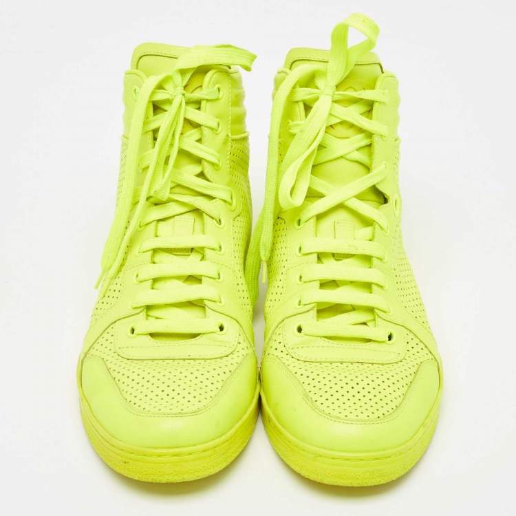 Pre Owned Gucci Neon Green Perforated Leather Lace Up High Top Sneakers Size 43