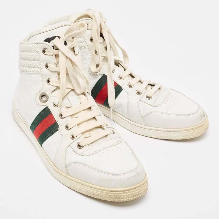 Pre Owned Gucci White Leather Web Detail High Top Sneakers Size 43