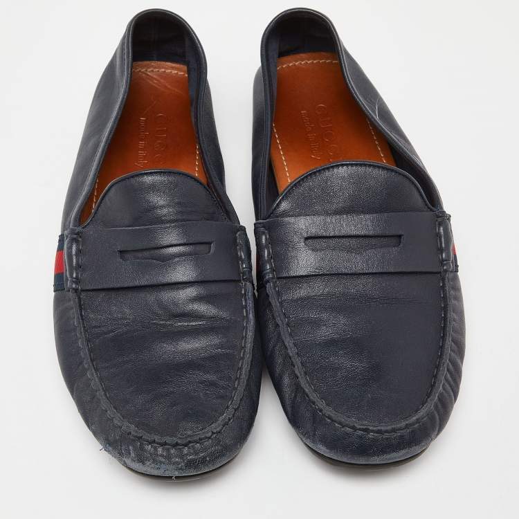 Pre Owned Gucci Blue Leather Web Accent Penny Slip On Loafers Size 41