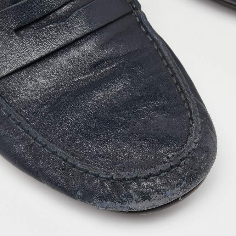 Pre Owned Gucci Blue Leather Web Accent Penny Slip On Loafers Size 41