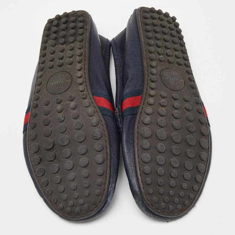 Pre Owned Gucci Blue Leather Web Accent Penny Slip On Loafers Size 41