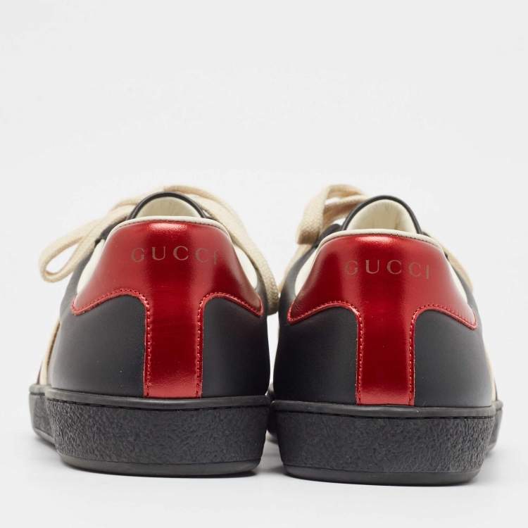 Pre Owned Gucci Black Leather And Stretch Band New Ace Logo Strap Low Top Sneakers Size 42.5