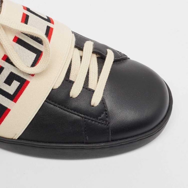 Pre Owned Gucci Black Leather And Stretch Band New Ace Logo Strap Low Top Sneakers Size 42.5