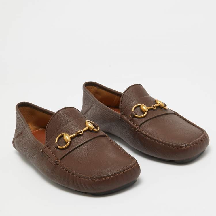Pre Owned Gucci Brown Leather Horsebit Slip On Loafers Size 42