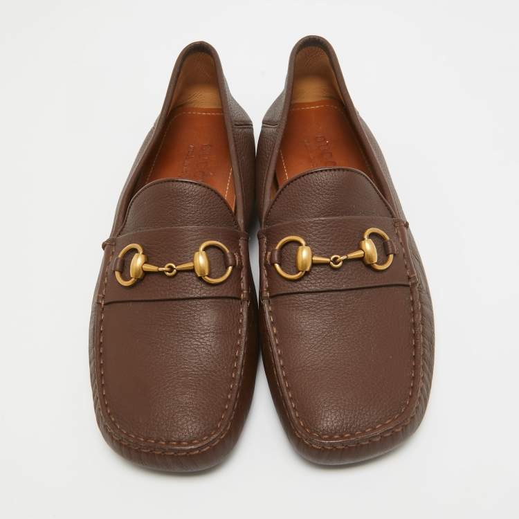 Pre Owned Gucci Brown Leather Horsebit Slip On Loafers Size 42