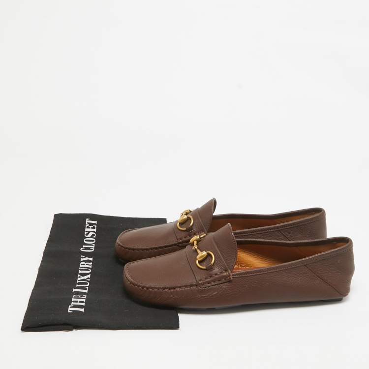 Pre Owned Gucci Brown Leather Horsebit Slip On Loafers Size 42