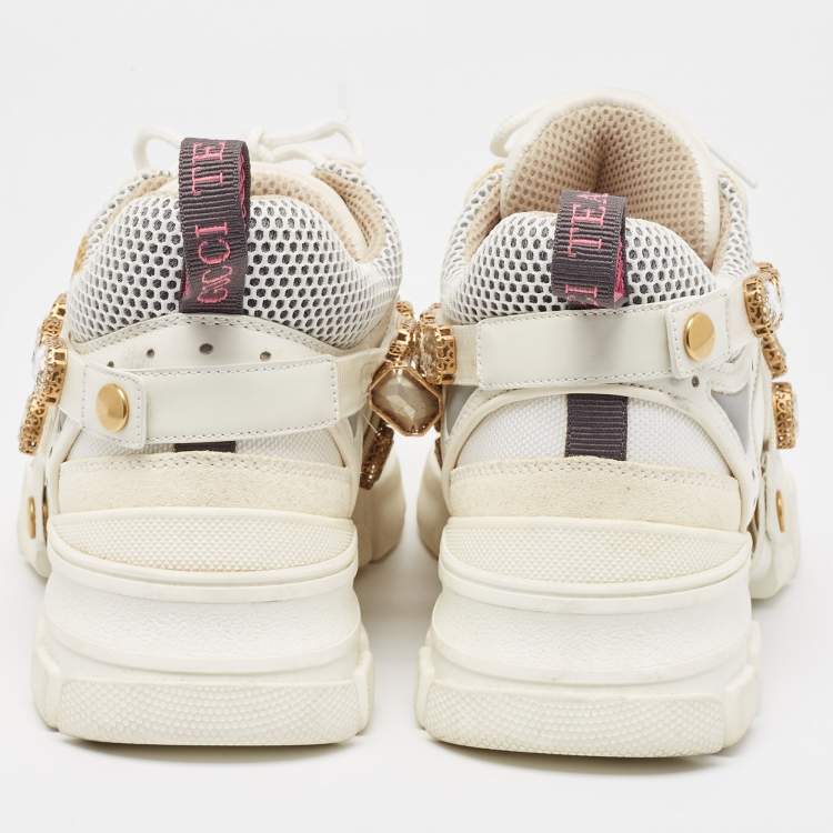 Pre Owned Gucci Cream Mesh and Leather Flashtrek Sneakers Size 39.5
