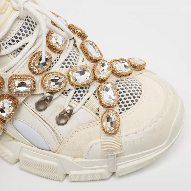 Pre Owned Gucci Cream Mesh and Leather Flashtrek Sneakers Size 39.5
