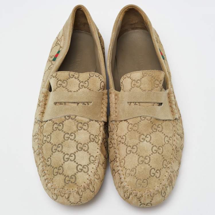 Pre Owned Gucci Beige Guccissima Suede Penny Slip On Loafers Size 46.5