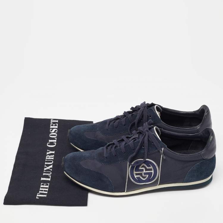 Pre Owned Gucci Blue/Silver Suede and Nylon GG Low Top Sneakers Size 43