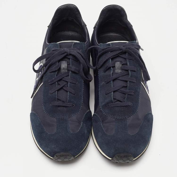Pre Owned Gucci Blue/Silver Suede and Nylon GG Low Top Sneakers Size 43
