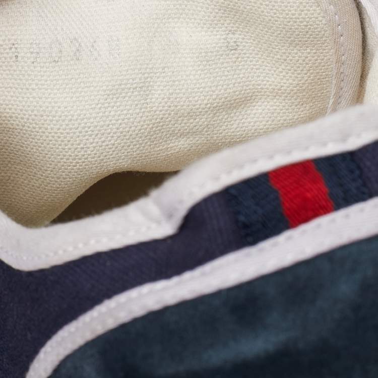 Pre Owned Gucci Navy Blue Canvas and Suede Signature Crest Sneakers Size 42