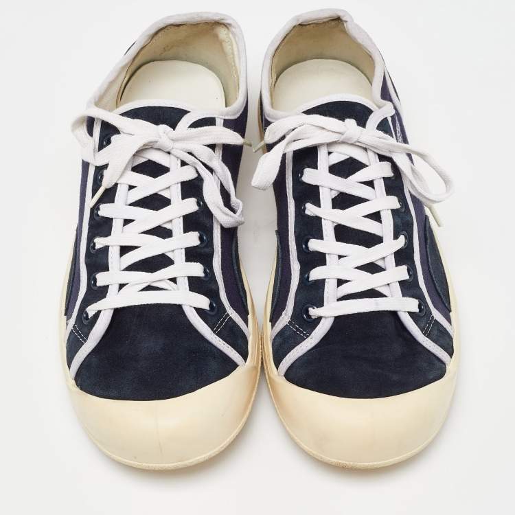 Pre Owned Gucci Navy Blue Canvas and Suede Signature Crest Sneakers Size 42