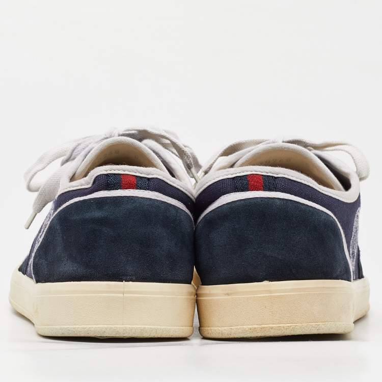 Pre Owned Gucci Navy Blue Canvas and Suede Signature Crest Sneakers Size 42