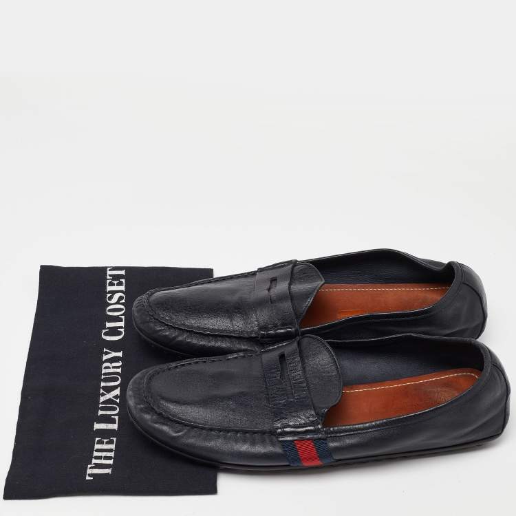 Pre Owned Gucci Black Leather Web Penny Slip On Loafers Size 43