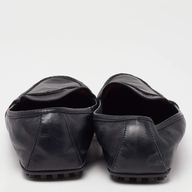 Pre Owned Gucci Black Leather Web Penny Slip On Loafers Size 43
