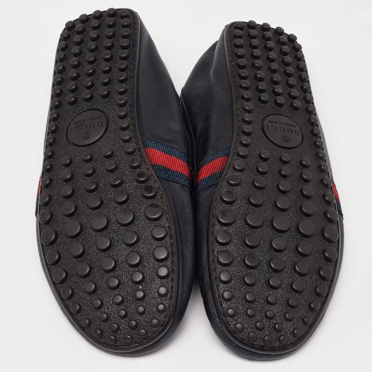 Pre Owned Gucci Black Leather Web Penny Slip On Loafers Size 43